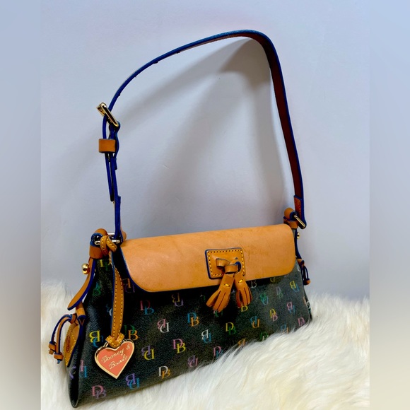 Dooney & Bourke “ Vintage It Bag” Leather Baguette Rainbow Monogram Blue Trim - Picture 1 of 17